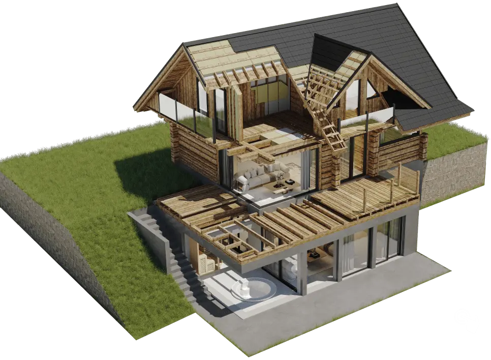 wizualizacja 3D domku z bali, przekrój domku z bali