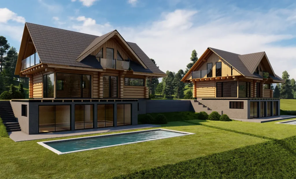 wizualizacja 3D dwóch domów z bali na sprzedaż, basen przed każdym domem, piwnica z dużymi oknami balkonowymi