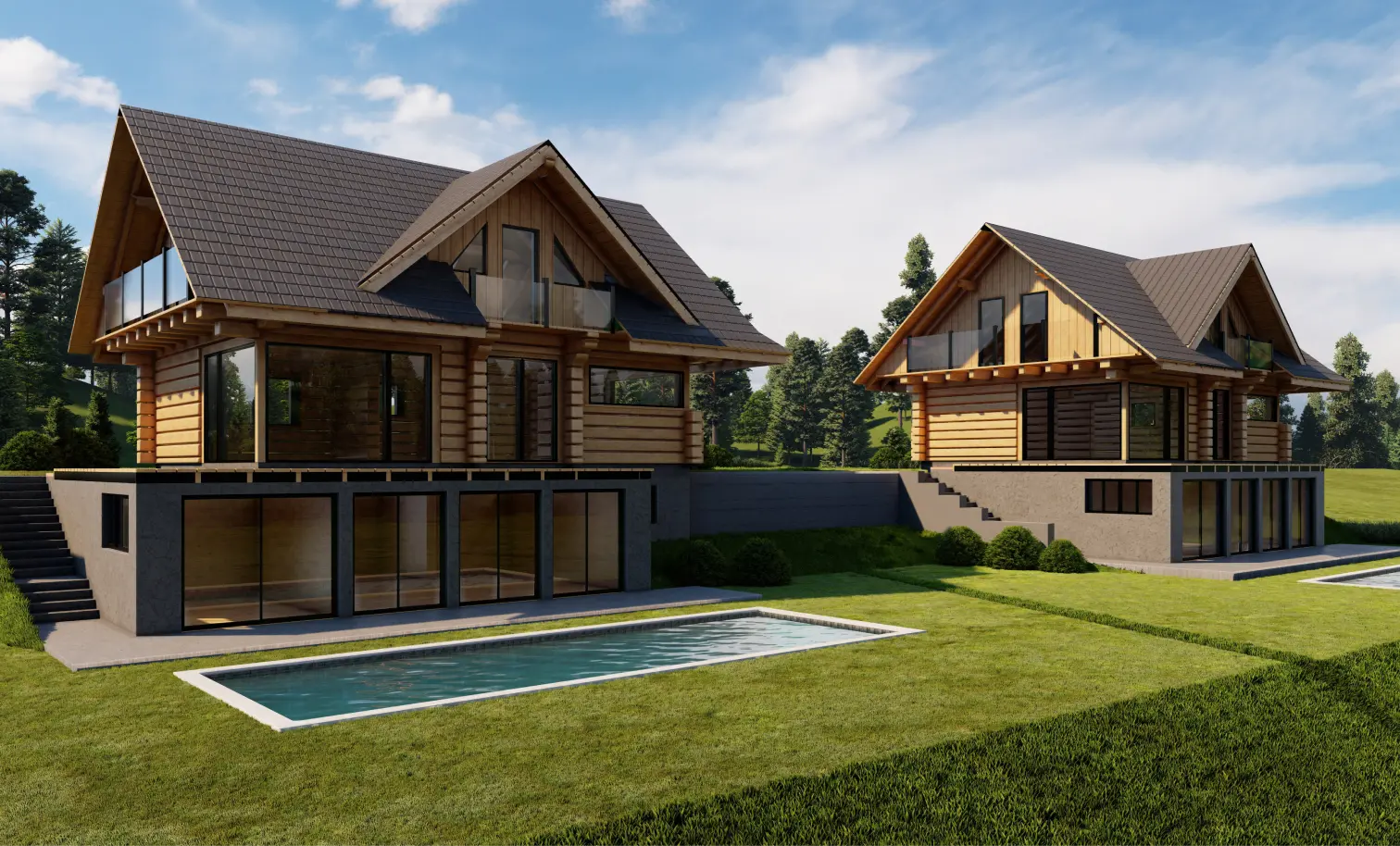 wizualizacja 3D dwóch domów z bali na sprzedaż, basen przed każdym domem, piwnica z dużymi oknami balkonowymi