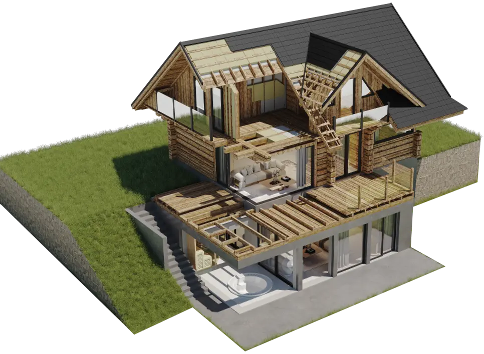 wizualizacja 3D domku z bali, przekrój domku z bali